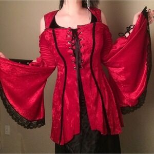 Vintage 90s Lip Service Velvet Cold Shoulder Tunic Top Red Black Corset Goth XL